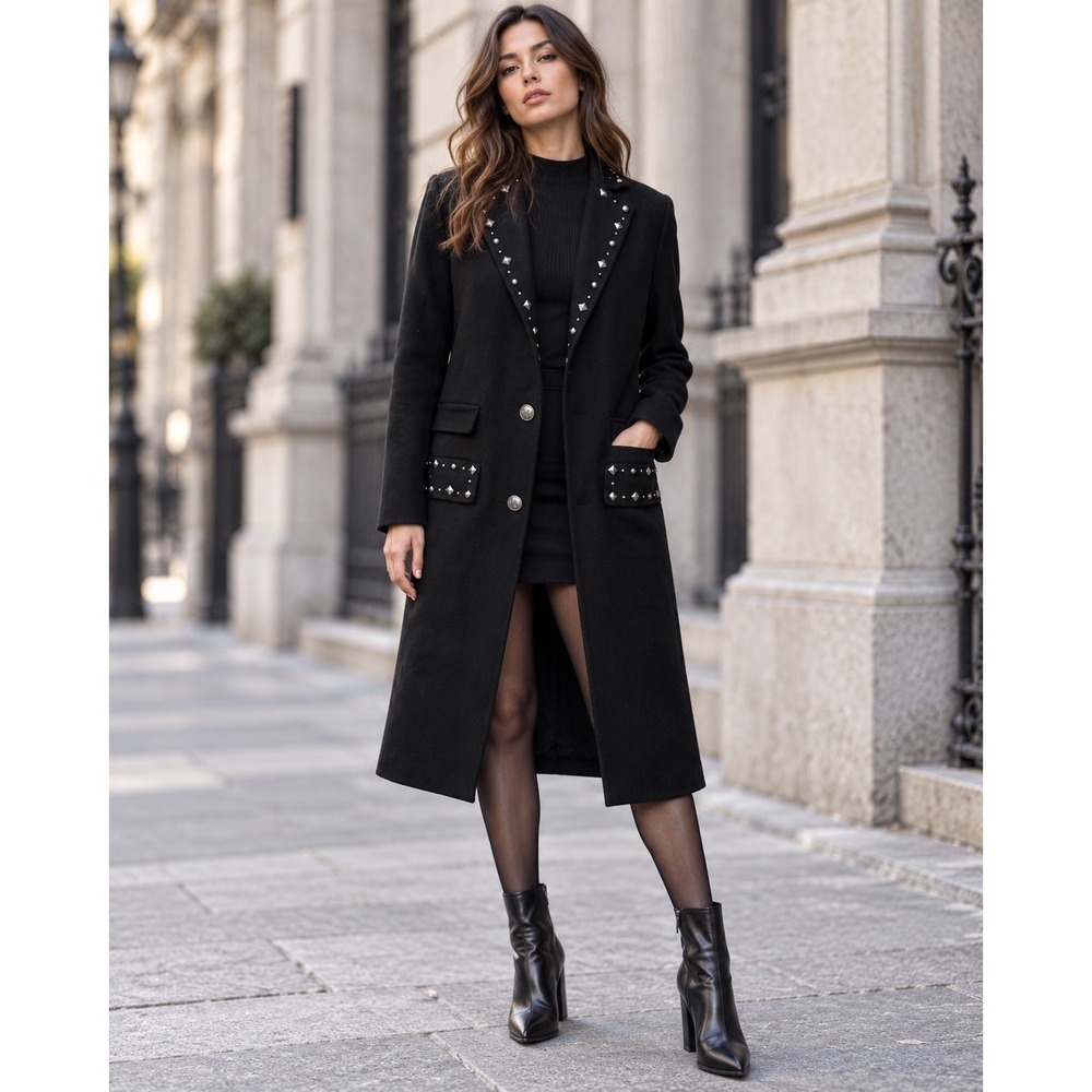 The Kooples Black Studded Long Wool Coat Rockstar Gothic Military Size M